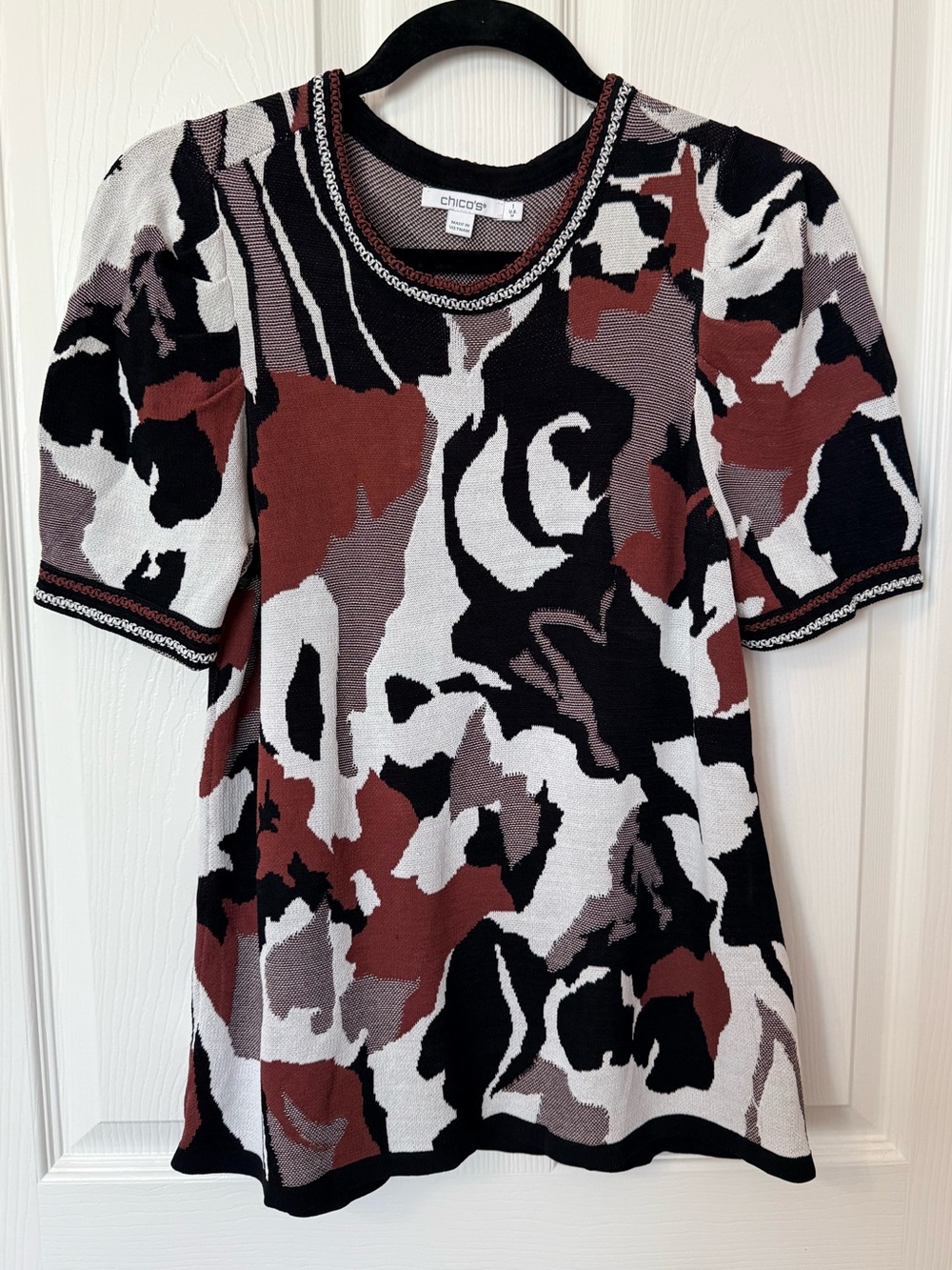 Chico's Mixed Print Short Sleeve Crew in Black, White & Rust